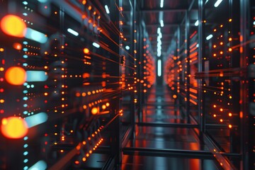 Poster - A futuristic data center with rows of servers and blinking lights, showcasing advanced technology and connectivity