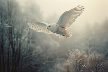A white owl is flying through the snow