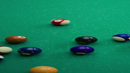 Wall Mural - Vertical no people top view slowmo of white ball hitting rack of balls in triangle when breaking in pool game on green table