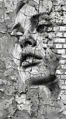 Wall Mural - A crumbling brick wall is transformed into a canvas for intricate black and white illustrations adding a touch of beauty to the decay. Black and white art