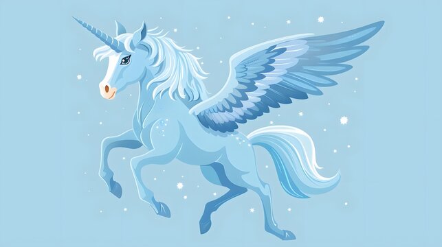 A beautiful sky blue unicorn. The large spreading wings of the unicorn are carried high into the sky. A magical and mysterious horse with wings and a horn. 