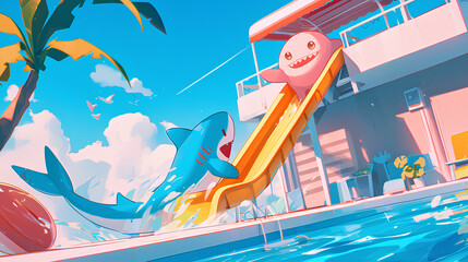 Wall Mural - cartoon cute happy shark gliding in swimming pool