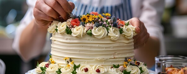 A baker decorating a cake with intricate designs inspired by nature, incorporating flowers, leaves, and other organic elements.