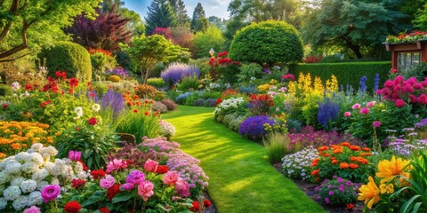 Poster - Tranquil garden with colorful blooming flowers, garden, peaceful, serene, nature, floral, tranquil, spring, summer, blossoms