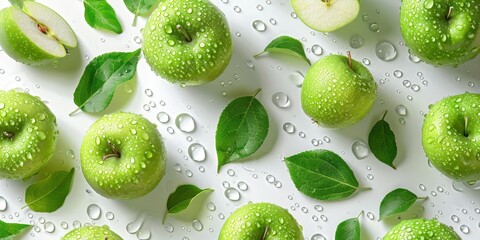 Wall Mural - Green Apples and Water Drops on a White Background