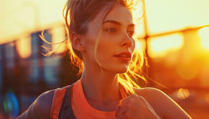 Wall Mural - A beautiful woman in sportswear running outdoors, sunset background, close-up of her face and upper body, with blurred city buildings behind her