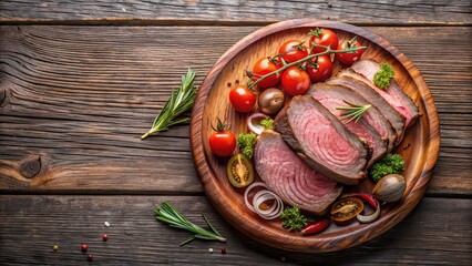 Roast beef with onions and tomatoes on a wooden plate, roast beef, onions, tomatoes, food, meal, delicious, savory