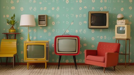 Wall Mural - Create a nostalgic still life with a collection of vintage televisions from different eras arranged