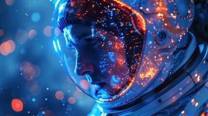 Wall Mural - portrait of an astronaut in an advanced, bio-mechanical suit, helmet adorned with bio-luminescent pa