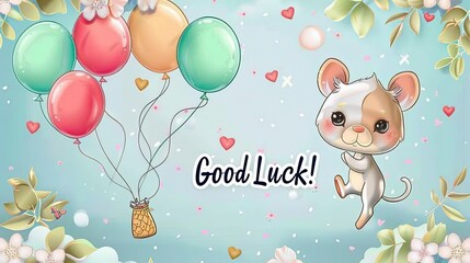 Wall Mural - Good Luck Fortune: Cute Animal Holding Balloons Sign.