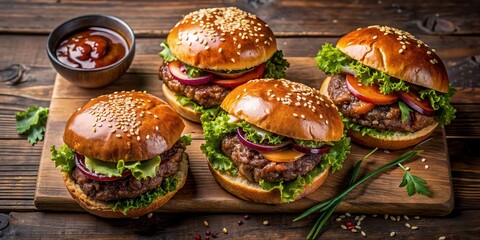 Wall Mural - Tantalizing top-down shot of gourmet burgers with teriyaki sauces, teriyaki, gourmet, burgers, top-down