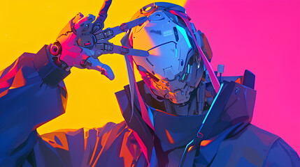 cyborg robot mask wearing jacket, modern future anime style