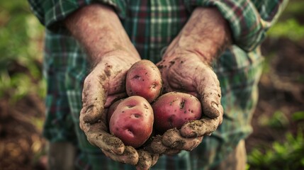 Wall Mural - The farmer's hands with potatoes