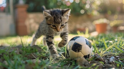 Wall Mural - Adorable little kitten having a soccer game