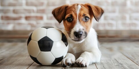 Wall Mural - Lovable puppy and soccer ball. backdrop that is isolated. up close, within. Studio shot. Concept of pet ownership, upbringing, education, and obedience training