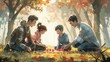 © rookielion - Family playing classic outdoor games together, a joyful and heartwarming scene of bonding and fun, captured in a retro style
