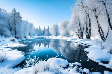 a cold lake between snow covered trees