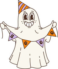 Wall Mural - Cartoon retro groovy Halloween ghost character with trick or treat horror night party hat and pennant flags garland. Vector Halloween groovy monster personage of happy smiling ghost and white phantom