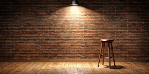 Empty stand up comedy stage room with bar stool, brick wall, wooden floor, and reflector spotlight