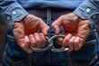 © Multiverse - A close-up of a mans hands cuffed together, showing the metal handcuffs and his jeans