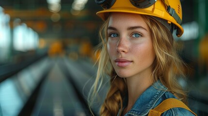 Poster - An evocative portrait of a factory worker inspecting solar panels on a bright, sunny day, their face illuminated