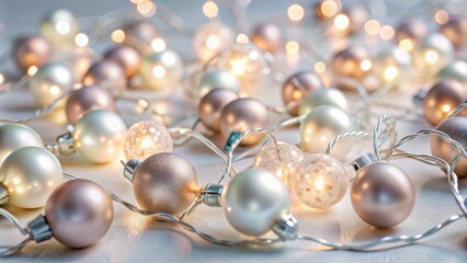 Dazzling pastel pearl and silver vintage lights sparkle on a defocused white background, creating a stunning, festive, and elegant atmosphere.