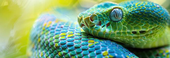 Wall Mural - A close up shot of the head and body of an exotic, brightly colored green snake with blue scales on its back, with yellow dots along its neck