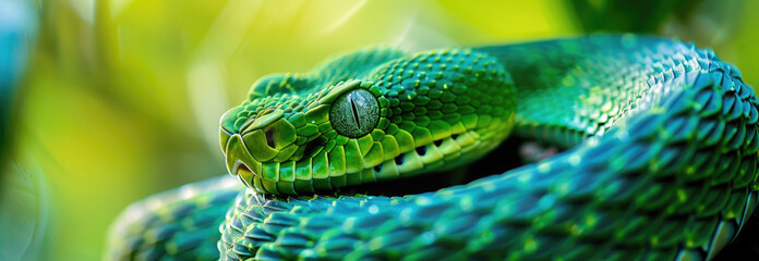 Wall Mural - A close up shot of the head and body of an exotic, brightly colored green snake with blue scales on its back, with yellow dots along its neck