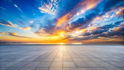 Vast serene empty square floor meets tranquil coastline under vibrant sunrise sky with fluffy white clouds and majestic blue horizon.