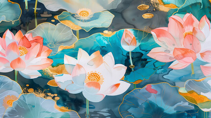 Wall Mural - Lotus in Water Classic Painting. Blue with Gold
