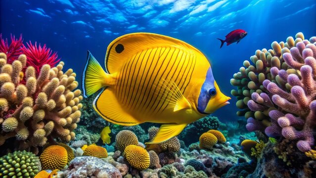 Vibrant giant yellow butterfly fish swimming alongside coral reef in crystal-clear deep blue waters of the Indian Ocean near Maldives.