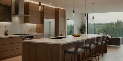 Minimal kitchen interior with wooden cabinet and silver refrigerator at Minimalist kitchen room