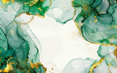 This abstract luxury wedding invitation design is also suitable as a birthday greeting or invitation for a holiday season involving green watercolor waves or fluid art with gold alcohol ink for