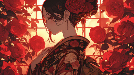Wall Mural - anime of a japanese girl in red rose flower japanese kimono