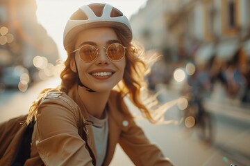 Smiling Woman Wearing Helmet and Sunglasses on City Street