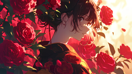 anime of a japanese girl in red rose flower japanese kimono