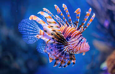 Wall Mural - A lionfish is swimming in the ocean, with its distinctive spines and flowing fins.