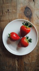 Wall Mural - Three fresh strawberries on a white plate over rustic wooden background. Healthy eating and organic food concept