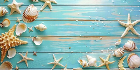 Wall Mural - Seashells and Starfish on a Blue Wooden Background