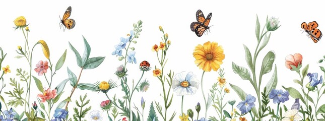 Wall Mural - With butterflies and dragonflies, a watercolor illustration of wildflowers