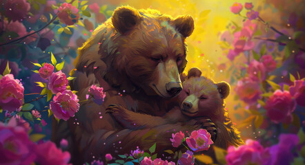 Wall Mural - A mother bear hugging her cub amidst blooming flowers, their fur contrasting against vibrant hues of pink and yellow