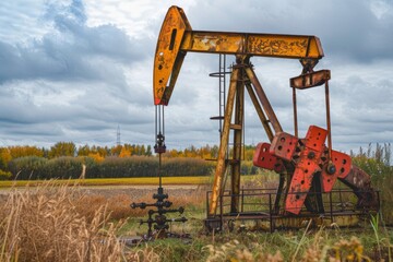 Wall Mural - Close-up of an oil pump jack extracting crude oil in a rural landscape