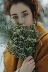 Wall Mural - close-up of a woman holding wormwood in her hands. Selective focus