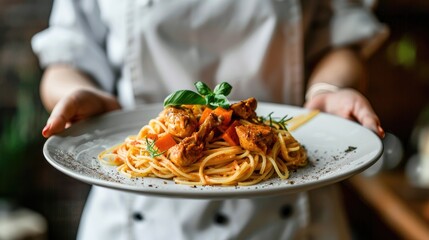 the cook is holding a bowl of chicken and pasta. Selective focus