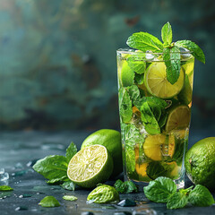 Wall Mural - Cold mojito, lemonade with ice, lime and mint on grey background, fresh summer tonic in glass. Cold drink. Made with generative ai. 