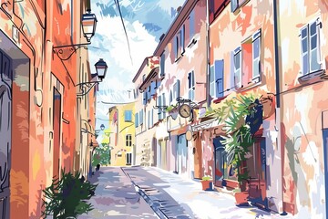 A watercolor painting depicting the old town of Mons, Var, Provence, France