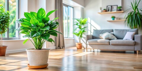 Poster - Vibrant green potted plant in a modern home setting, foliage, houseplant, indoor, greenery, modern, decor, botanical, growth