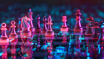 Wall Mural - chess pieces on board in neon lights. circuit board pattern and binary code symbolizing artificial i