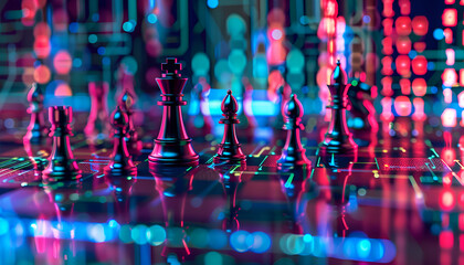 Wall Mural - chess pieces on board in neon lights. circuit board pattern and binary code symbolizing artificial i