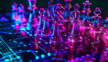 Wall Mural - chess pieces on board in neon lights. circuit board pattern and binary code symbolizing artificial i